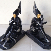 Pair heavy original  ART DECO bronzed Book Ends - STYLISED Girls seated with Black & silver deco costumes, ivory faces & heavy marble bases - Sold for $317 - 2009