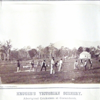 FRED KRUGER (1825-1886) Victorian Scenery mounted & titled Albumen print - Aboriginal CRICKETERS at Coranderrk - 13 x 187 cms - small tear bottom left - Sold for $390 - 2009