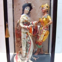 JAPANESE GEISHA and THAI DANCER costume DOLLS in GLASS DISPLAY CASE a/f 54 cm high - Sold for $85 - 2009