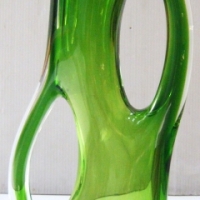 Italian Venini style ART glass VASE - green body with large holes to either side - 27cms H - Sold for $67 - 2009