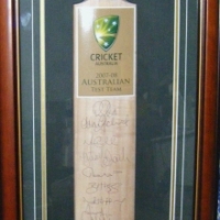 Box framed CRICKET Australia 2007-08 Australian TEST Team CRICKET BATsigned by 13 players incl Ponting, Gilchrist, Clarke, Hayden, Lee, MacGill, Symon - Sold for $824 - 2009