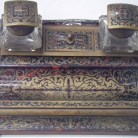 Fab Victorian ornate Boulle DESK STAND - tortoiseshell and brass - with twin ink bottles, pen tray, lidded compartment - needs some repair - Sold for $195 - 2009