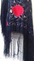 Very large, silk VICTORIAN embroidered SHAWL - black background with multi coloured embroidery & long black fringe - Sold for $146 - 2009