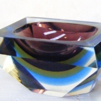 1960's Geometric Shaped Italian SOMERSO ART GLASS BOWL, Clear/Blue/Yellow/Purple - L14cm - Sold for $73 - 2009