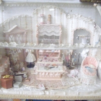 Perspex Cased Diorama of Victorian Style Ladies Boudoir, Fantastic Detail, inc Porcelain Doll, miniature Fan, Dresses, Cups, Corsets, Combs, Shoes - Sold for $122 - 2009