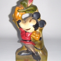 Vintage MICKEY MOUSE composition FIGURE - JACK AND THE BEANSTALK - brown shoes & tights, red tunic, holding high green hat with red feather - impresse - Sold for $85 - 2009