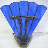 Reproduction ART DECO bronzed table LAMP - pair of nude LADIES against blue LEADLIGHT fan shaped flat PANEL with - Sold for $146 - 2009
