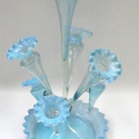 Pretty pale blue Vaseline glass Victorian EPERGNE with seven flutes with frilled tops - Sold for $561 - 2009