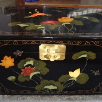 Large black Lacquered TRUNK with ornate floral, butterfly and gold design, lid is detached,  66cm L - Sold for $55 - 2009