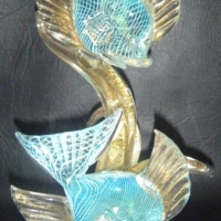 Vintage MURANO glass centrepiece - 2 x bluewhite ANGEL FISH on gold flecked clear glass 3 prong branch base - 37cms H - paper sticker to base - Sold for $342 - 2009