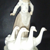 ZAPHIR (early LLADRO) porcelain FIGURAL Group - GIRL with 4 geese - 32cms H 24cms W with stand - Sold for $171 - 2009