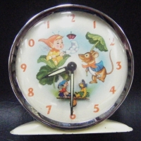 Vintage novelty wind up alarm CLOCK - with pixie and mouse in cabbage scene with ( Noddy like character) see - saw moving ticker - Sold for $85 - 2009