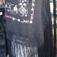 Lovely Black Silk VICTORIAN SHAWL with colourful heavily embroidered floral and butterfly decoration, deep fringe, exc Cond - Sold for $159 - 2009