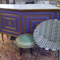 1960s ROSANDO custom made designer BAR - blonde wood with PURPLE padded VINYL & geometric design FRONT, laminate top & lockable DOORS to rear - Sold for $159 - 2009