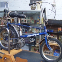 Vintage blue HOPPER bicycle - GT-3 gear stick, small front wheel, sissy bar, banana seat etc - Sold for $122 - 2009