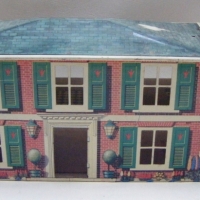 Vintage METTOY brand tin toy DOLLS HOUSE - garage attachment with SPRING LOADED DOOR - with come plastic MODEL FURNITURE - Sold for $85 - 2009