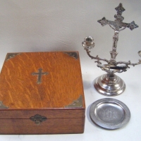 Victorian original wooden boxed HOLY COMMUNION Sick call outfit complete with splated accessories & instructions - Sold for $134 - 2009