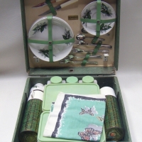 Vintage BREXTON Picnic Set in Vinyl Covered Wooden Case, looks to be complete, inc China Plates, Metal Cutlery, Tea Towel, etc made in England - Sold for $55 - 2009