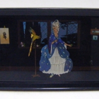 Framed deco handpainted BUTTERFLY WING picture - Victorian lady with BIRD - 10 x 17cm - Sold for $85 - 2009