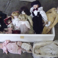 Large Box Various Porcelain Dolls some with Glass Eyes inc Character Doll, Babies, Beautiful Clothing - Sold for $73 - 2009
