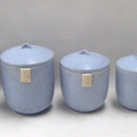 Set of 5 x DUPRITE graduated mottled BLUE & WHITE Bakelite KITCHEN CANISTERS - Sold for $110 - 2009