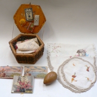 Group lot vintage SEWING & EMBROIDERY items - incl Sewing basket & contents, Sydney Harbour Bridge NEEDLE BOOKS, embroidered DOILIES etc - Sold for $55 - 2009