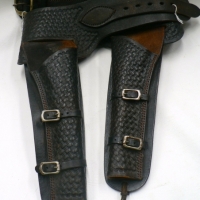 Heavy vintage SC GALLUP Saddler Pueblo leather HOLSTER BELT - weaved style design - impressed makers marks & dated 1883 - Sold for $268 - 2009