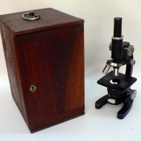 Group lot - Timber  AP Greenfield & Co MICROSCOPE CASE, Vintage Cooke Troughton & Simms MICROSCOPE with Manual and Small Electric LIGHT - Sold for $61 - 2009