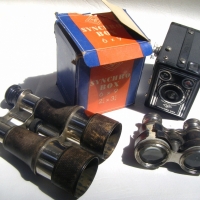 Group lot - 2 x PAIRS BINOCULARS, marked 8, c1920 etc and Boxed Agfa SYNCHRO BOX CAMERA - Sold for $55 - 2009