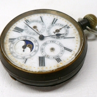 Gents Acler Garanti Swiss gunmetal open face perpetual calendar keyless pocket WATCH with moon phase display - enamel face - working - c1880 - Sold for $195 - 2009
