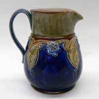 Vintage ROYAL DOULTON Lambeth Stoneware jug - Art Nouveau relief decoration by Jessie Lord - Marks to base - 115cm high - Sold for $85 - 2009