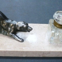 Vintage DESK SET - Metal DOG with glass INKWELL on marble base - dog marked MADE IN FRANCE - Sold for $55 - 2009