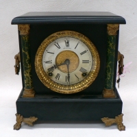 Victorian SESSIONS black wooden chiming MANTLE CLOCK with gilt & marble style dcor - 27cm high - Sold for $159 - 2009