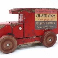 Red wooden DEPRESSION TOY VAN - with Reproduction Atlantic MOTOR OIL Advertising to sides - Red plastic wheels - 12cm long - Sold for $268 - 2009