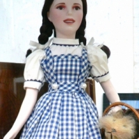 Modern porcelain character doll - DOROTHY from The Wizard of Oz wearing her red shoes & carrying TOTO in a basket - Sold for $55 - 2009