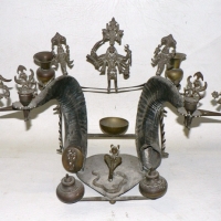 Vintage INDIAN religious ALTAR - 2 x animal HORNS adorned with brass GODS, animals, candle holders etc - Sold for $220 - 2009
