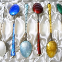 Vintage set of 6 x cased Danish STERLING silver & ENAMELLED coffee SPOONS - excellent cond - Sold for $128 - 2009