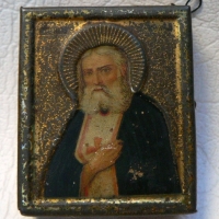 Vintage miniature pressed tin hand painted RUSSIAN ICON - 5 x 4cm - Sold for $85 - 2009