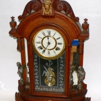 1880's ANSONIA TRIUMPH mantle CLOCK - ornately carved finials with MIRRORED panels & metal CHERUBS to sides - working with pendulum & KEY - e - Sold for $488 - 2009