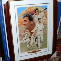 Framed & signed KEITH MILLER Australian Cricketer tribute - signed by MILLER & the artist - numbered 496500 - 66 x 41cm - Sold for $281 - 2009