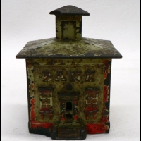 Victorian cast iron MONEY BOX in the form of a BANK  - 9cm high - Sold for $61 - 2009