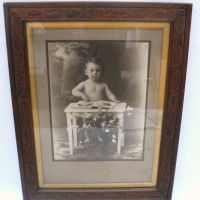 Framed c1900 PORTRAIT PHOTO of Toddler at Desk, Stunning Timber Frame features carved Australian Flora - Warratah, Wattle and Eucalypts - Sold for $73 - 2009