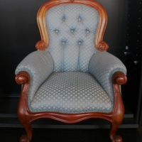 Miniature Victorian style DOLL CHAIR - Carved wood detail - Upholstered in blue fabric - Sold for $67 - 2009