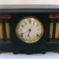 Victorian SESSIONS black wooden cased MANTLE CLOCK - marble style COLUMNS to each side with ornate BRASS feet - with key - Sold for $98 - 2009