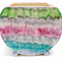 CLARICE CLIFF Bizarre sugar Basin - flat round sides decorated with pink/mauve/green/blue irregular bands - 7cms H - Sold for $110 - 2009/