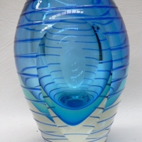 Heavy blue & clear elliptical Sommerso Art glass VASE with optical cutting & outer blue lines - 20cms H - Sold for $159 - 2009