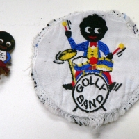 2 x items - vintage Golden Shred enamel GOLLY badges & embroidered cloth badge Golly Band feat Golly playing drums - Sold for $55 - 2009