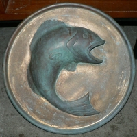 Vintage heavy metal PLAQUE with raised TROUT to front - 40cm diam - Sold for $92 - 2009