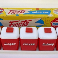 Fab Boxed Set of NALLY Fiesta Spice Set with Tray, Red with white Lids and writing - Sold for $98 - 2009