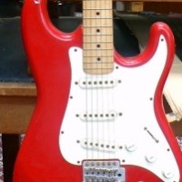 Red & white Fender Strat copy ELECTRIC GUITAR - made by CANORA - 3 x Pickups - Sold for $79 - 2009